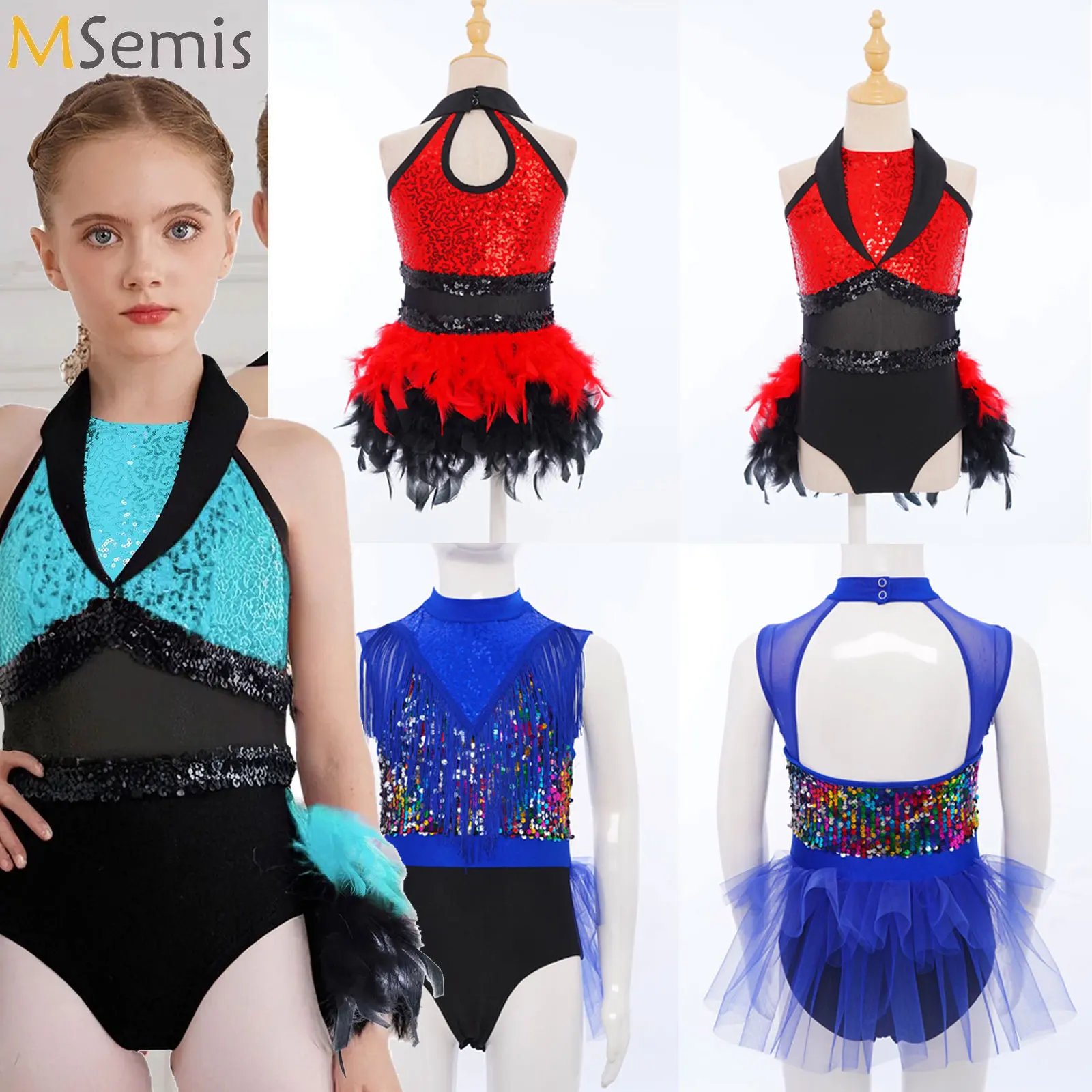 

Kids Girls Latin Dance Bodysuit Dress Tango Cha-cha Samba Rumba Skating Leotard Sequin Feather Dress Stage Performance Dancewear