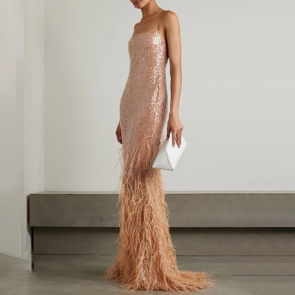 Luxury Sequin Women Mermaid Dress with Feather Hem Spaghetti Strap Sleeveless Floor-length Evening Gown for Gala Prom Party