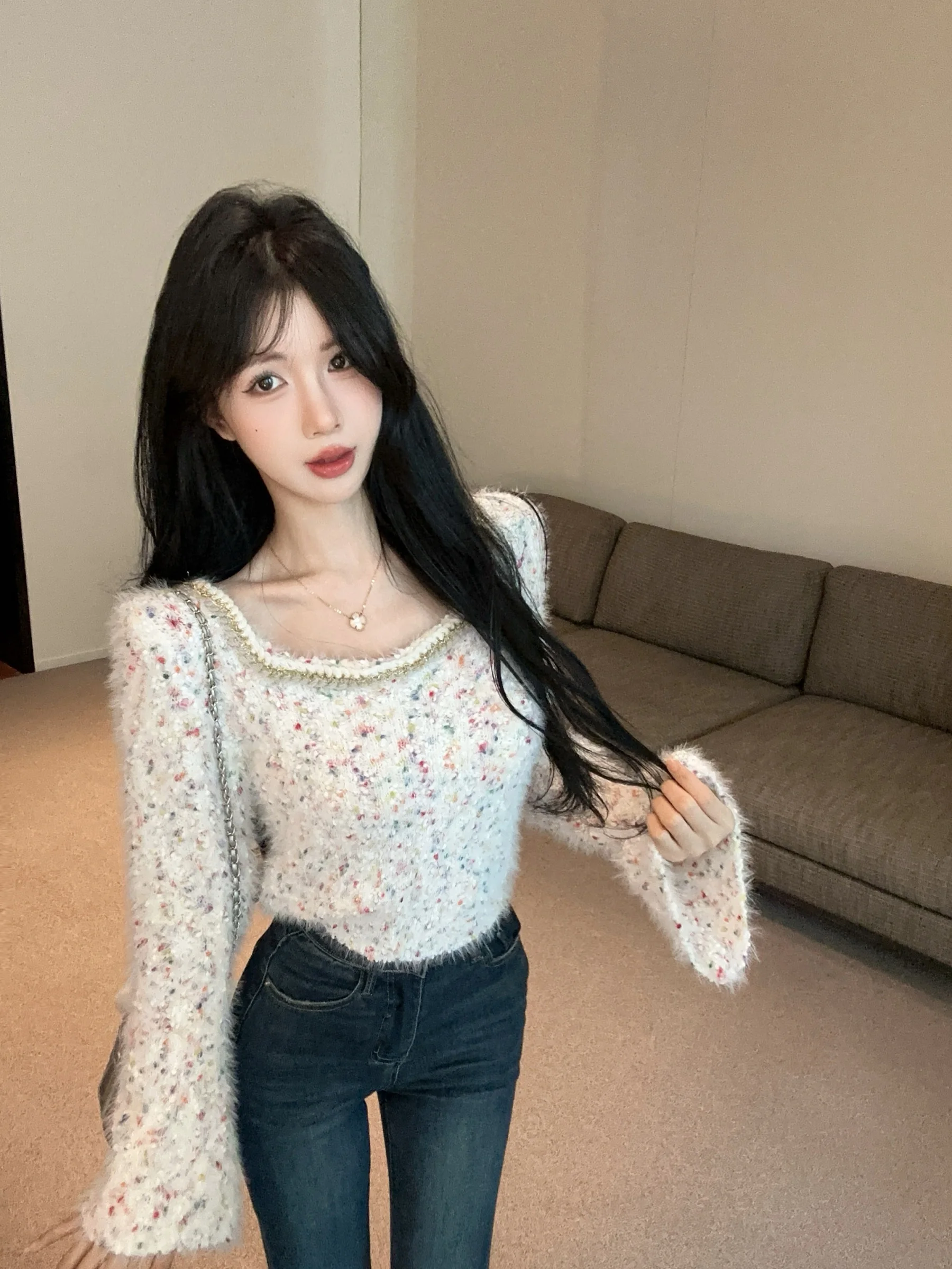 가을 우아한 패션 달콤한 밍크 니트 탑 한국 여성 빈티지 플레어 긴 소매 슬림 섹시 풀오버 스웨터