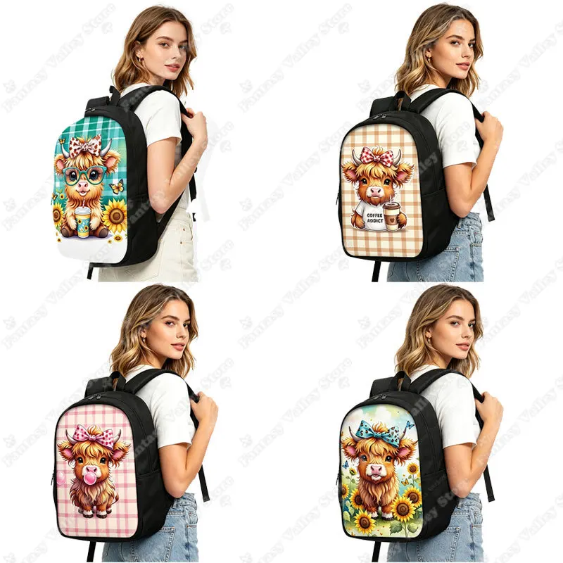 

Cute Animal Highland Cow Print Backpack Baby Scottish Highland Cows Drinking Coffee Rucksack for Travel Teenager Book Bag