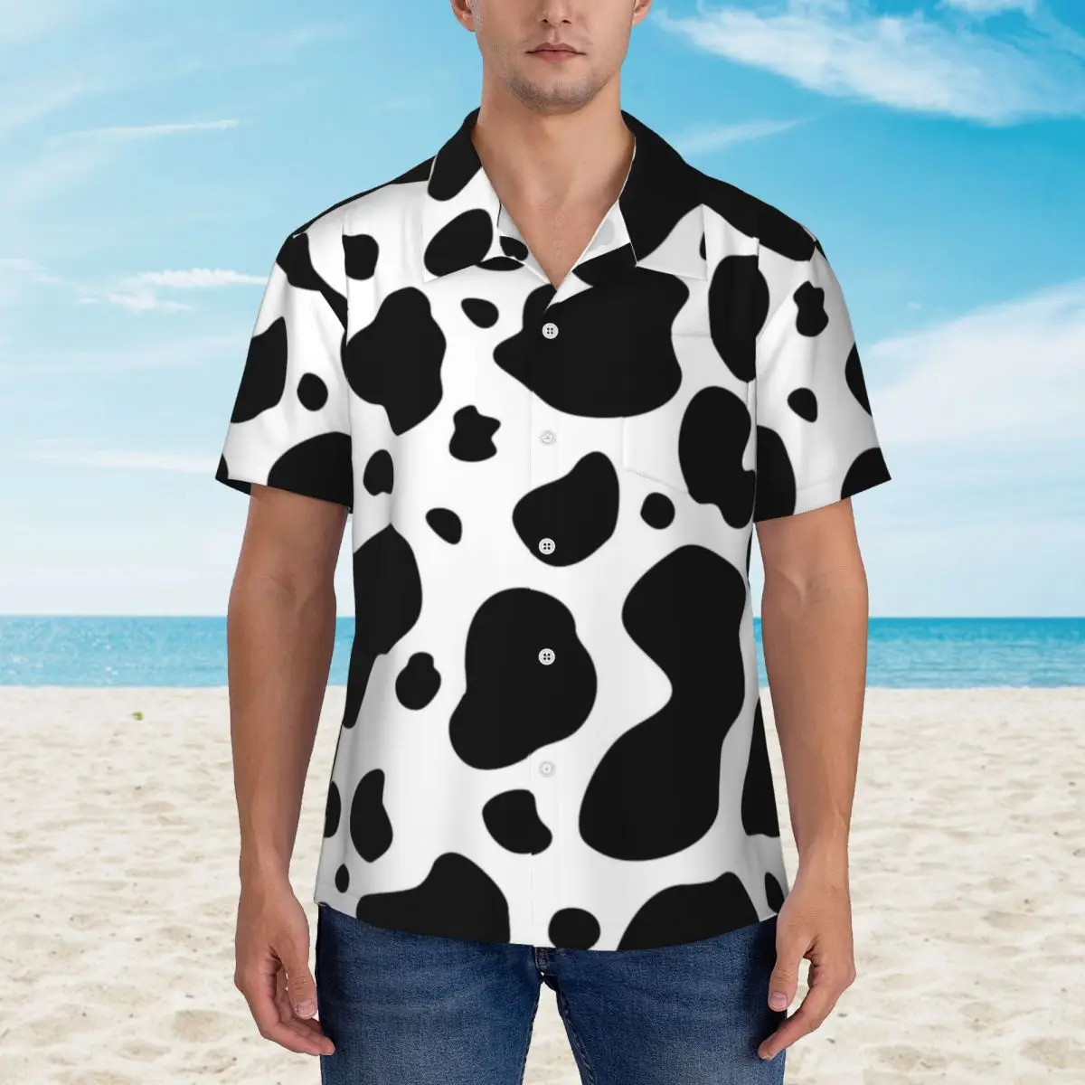 Black And White Cow Print Hawaii Shirt Male Beach Cow Spots Casual Shirts Short-Sleeved Breathable Vintage Oversized Blouses