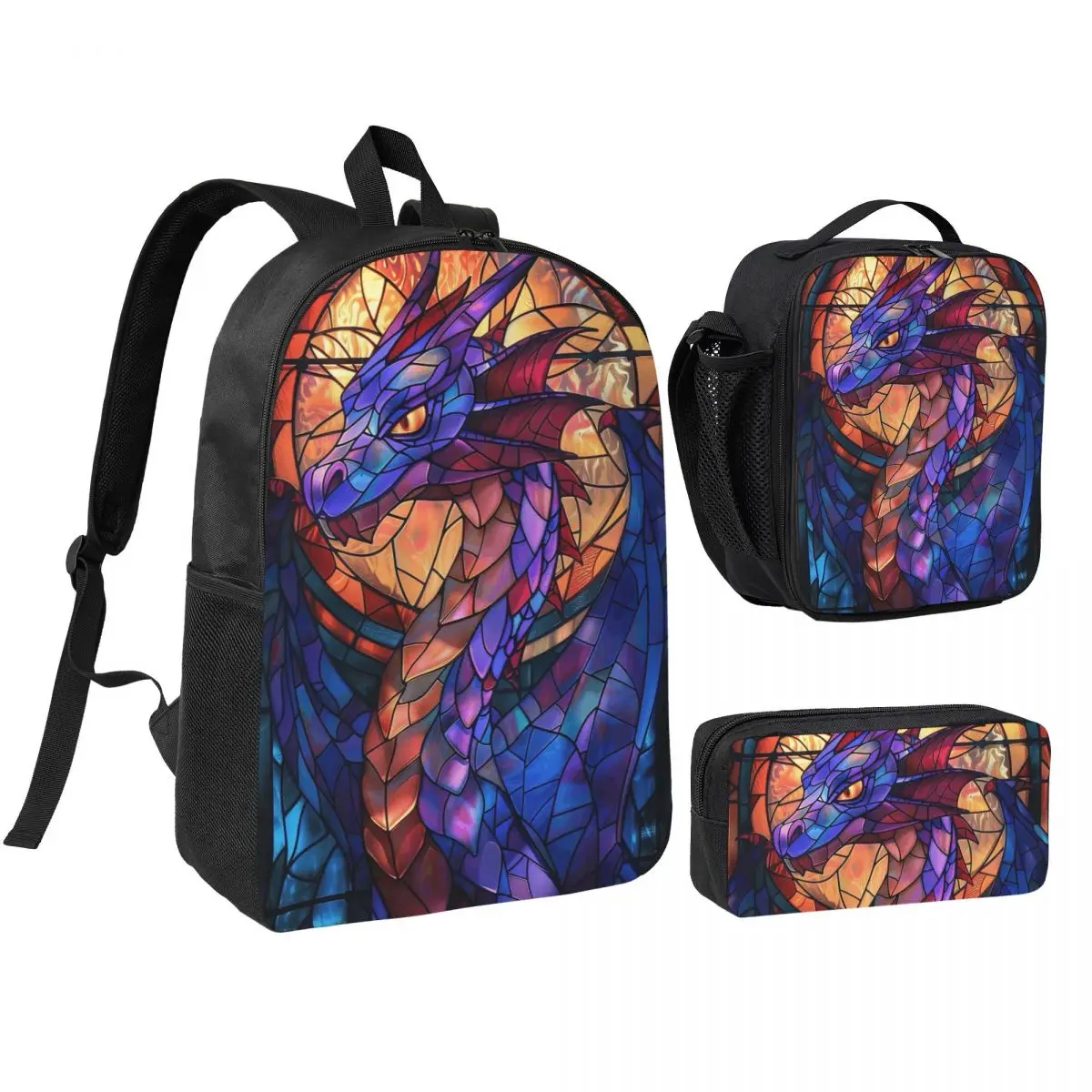 Vibrant Dragon Glass Art Backpack Boys Girls BookBag School Bag Shoulder Bags 3ps Insulated Lunch Bag Pencil Case