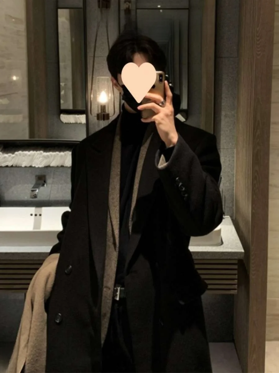 

Men's Woolen Coat Autumn Winter Thiened Medium Length Knee-Over Briti Sle Faionable Loose Tweed Windbreaker Coat