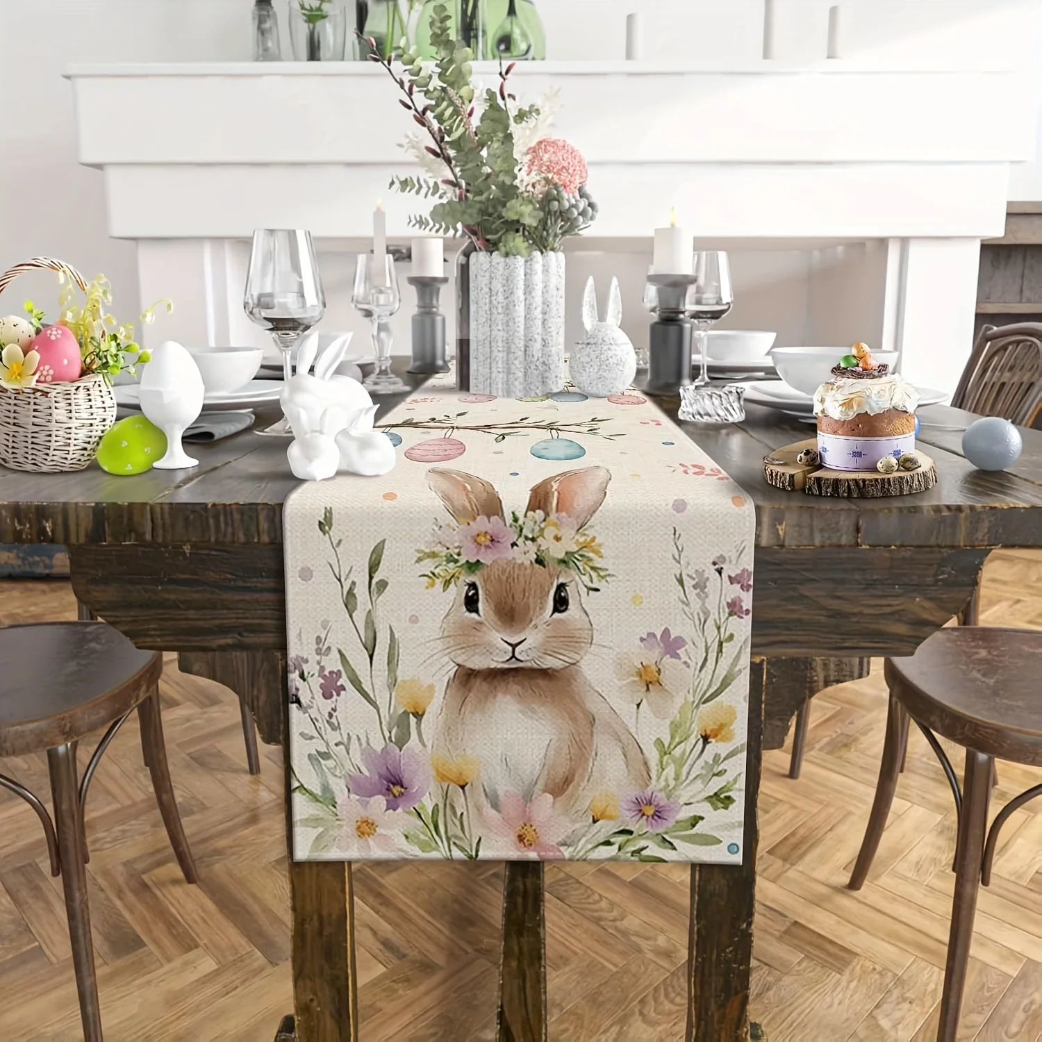 1 Piece Easter Table Runner with Rabbit Floral Print, Suitable for Dinner Parties, Holiday Parties, Family Gatherings, Children's Activities, Themed Cafes, Home Decoration, Christmas Markets, Cozy Tea Parties