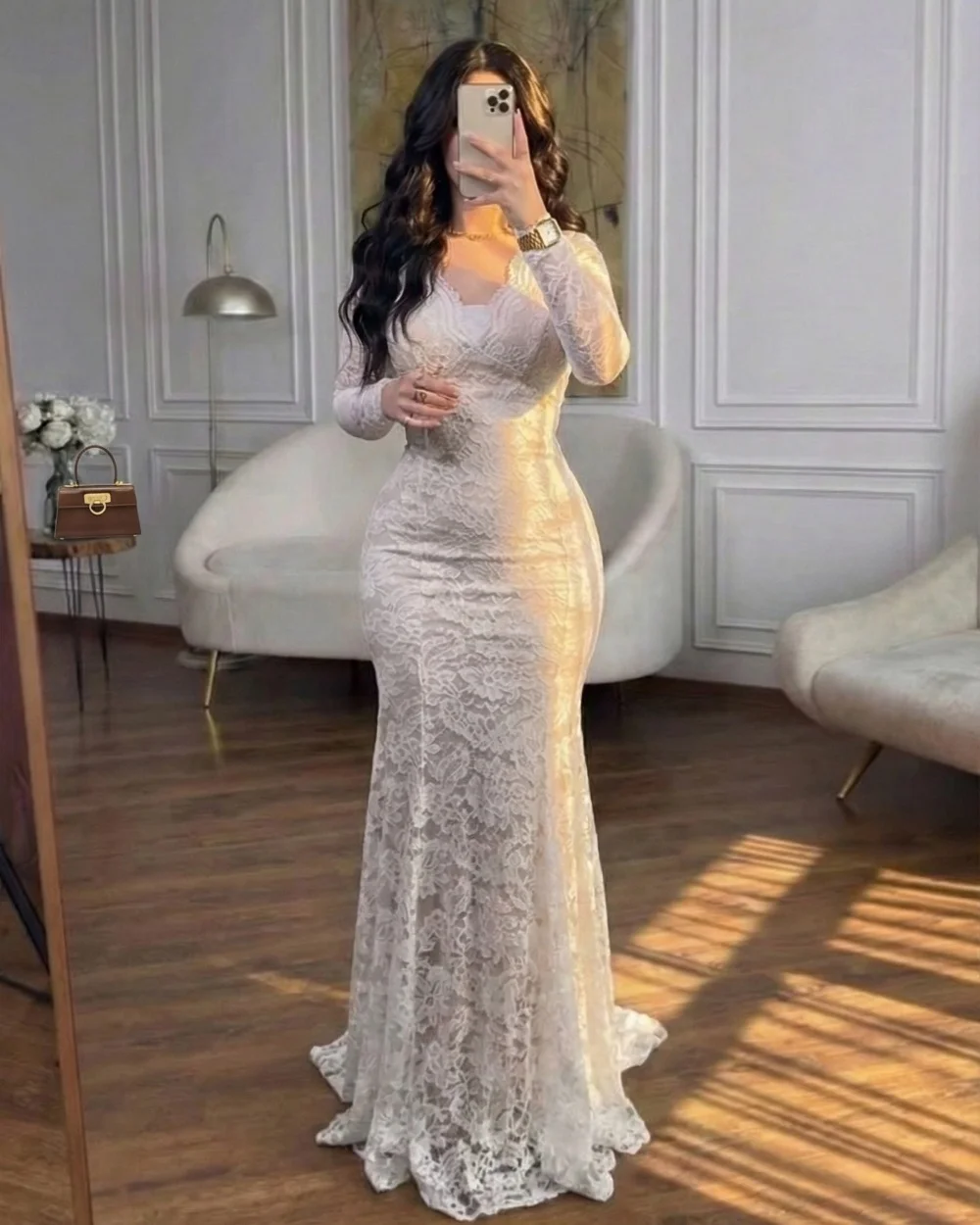 

Customized Beige Sexy Fashion Lace Pleat Mermaid V-neck Long Dresses Evening Dresses Sizes Available Exquisite Classic