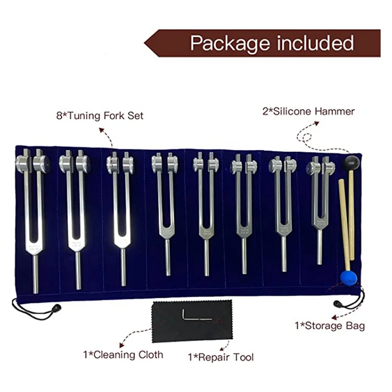 Chakra Tuning Fork Set for Healing, 8 Pieces Silver Chakra Tuning Fork for