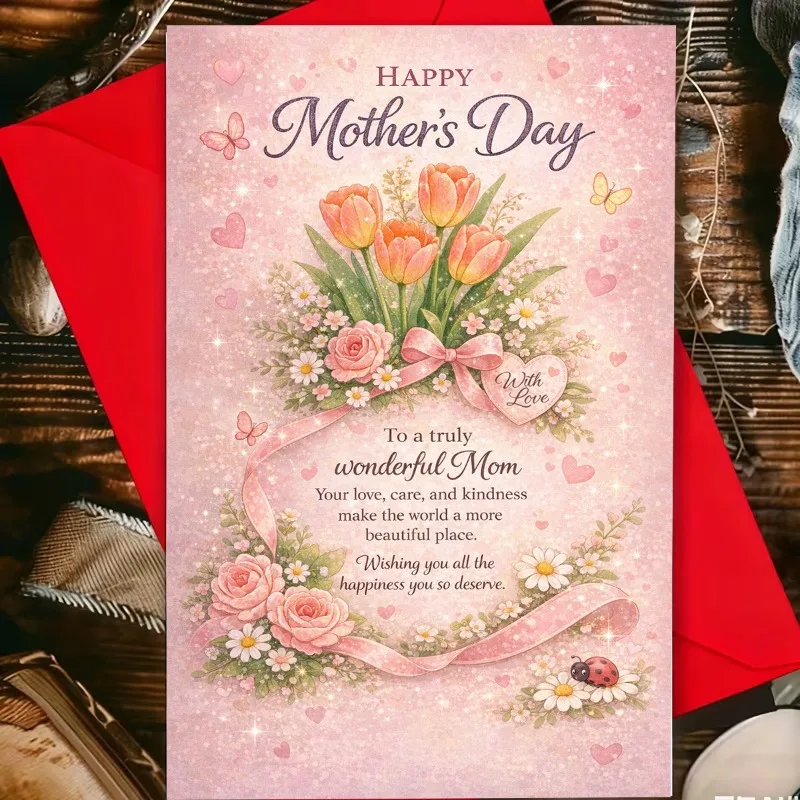 Exquisite greeting cards specially created for Mother's Day, decorated with pink bouquets with ribbons and butterflies, are a thoughtful gift for mothers