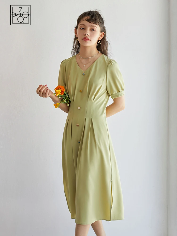 ZIQIAO Casual DressOffice Lady French Long Dress Women Summer Dress 2021 New Green V-neck Puff Sleeve High Waist Dress