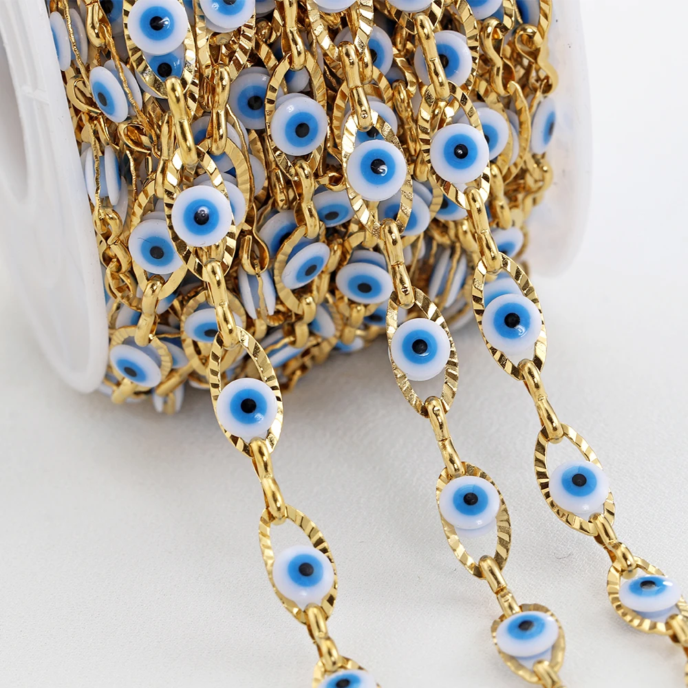 1Meter/lot Stainless Steel Evil Eye Chains Turkey Eye Charm Beaded Chains for Bracelet Necklace Sweater Chain Jewelry Making DIY