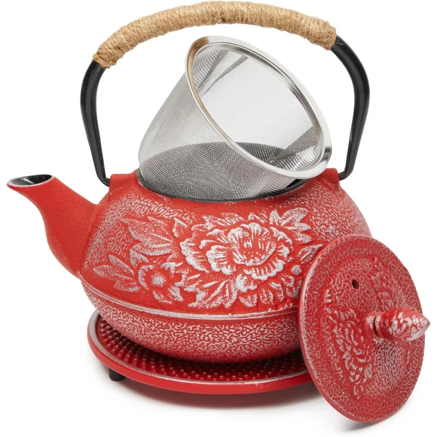 

Japanese Cast Iron Teapot with Infuser for Loose Leaf Tea Brewing on Stovetop Red 27 oz 800 ml 3Piece Set with Removable Stainl