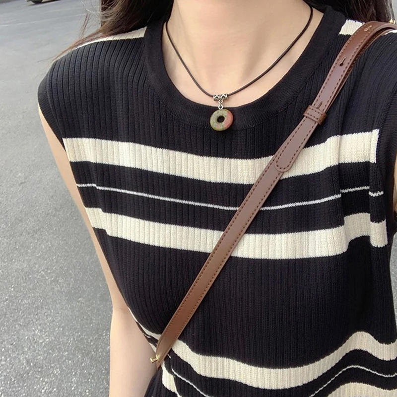 Sleeveless Knitted Long Dress Women Striped Tank Sexy Casual Korean All-match Summer Chic Fashion