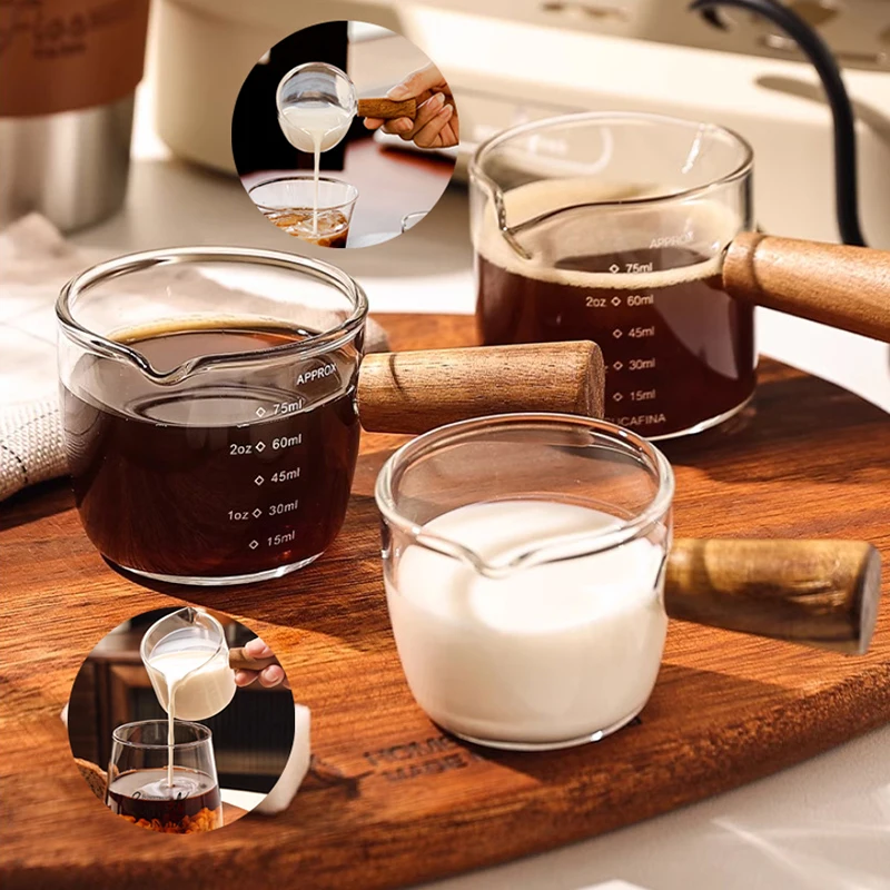 Wood Handle Glass Espresso Measuring Cup Double/Single Mouth Milk Jug Heat-resisting Coffee Shot Glass Scale Measure Mugs