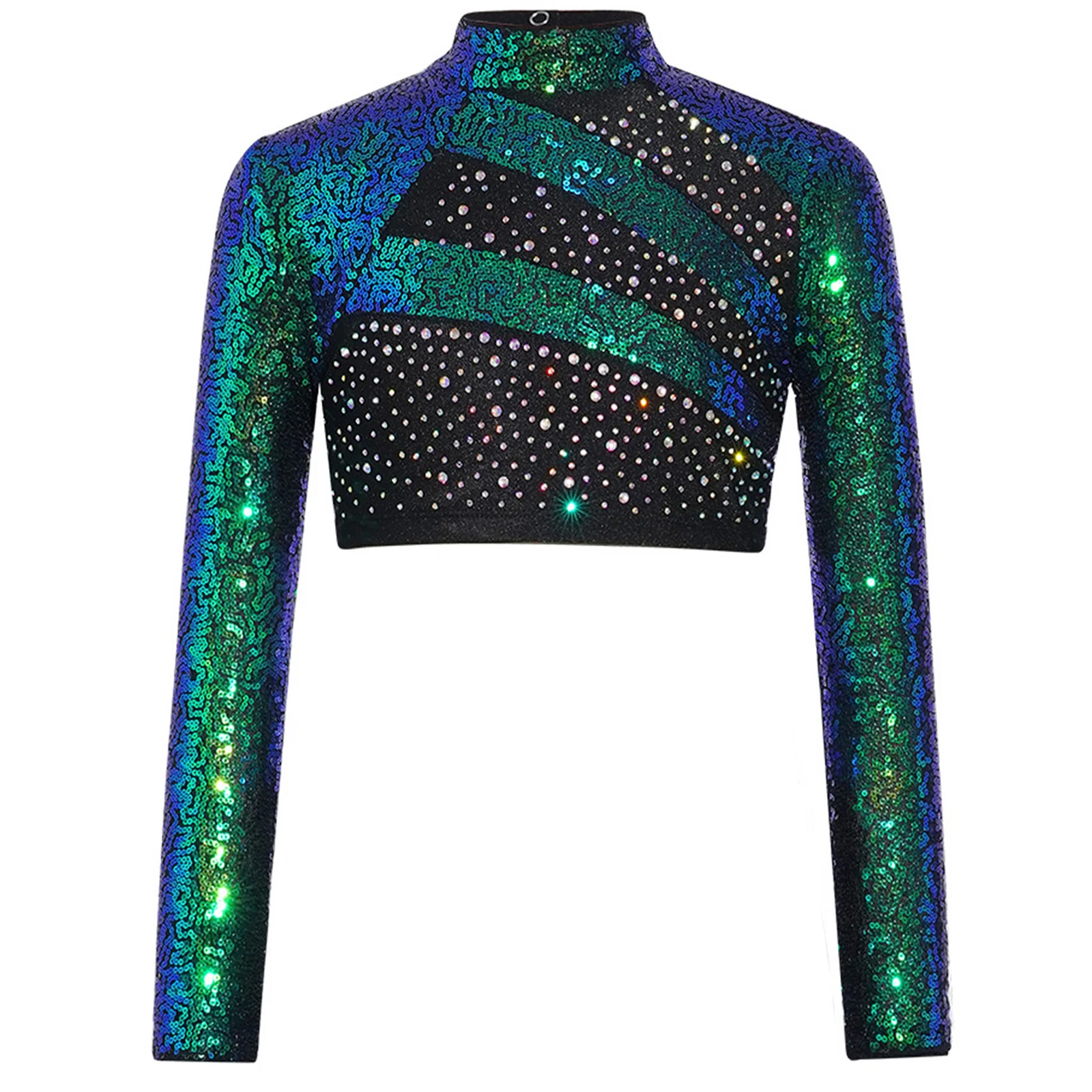 

Kids Girls Sequined Jazz Hip-hop Dance Tops Long Sleeve Mock Neck Rhinestones Cutout Back Crop Top for Gymnastics Performance