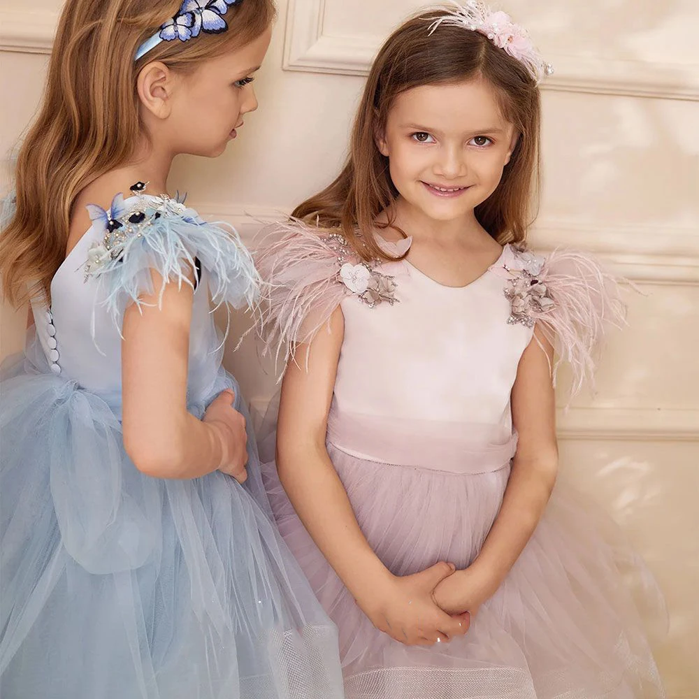 Lovely Flower Girl Dresses for Wedding Feather Sleeveless Knee Length Girl Kids Birthday Party First Holy Communion Gown