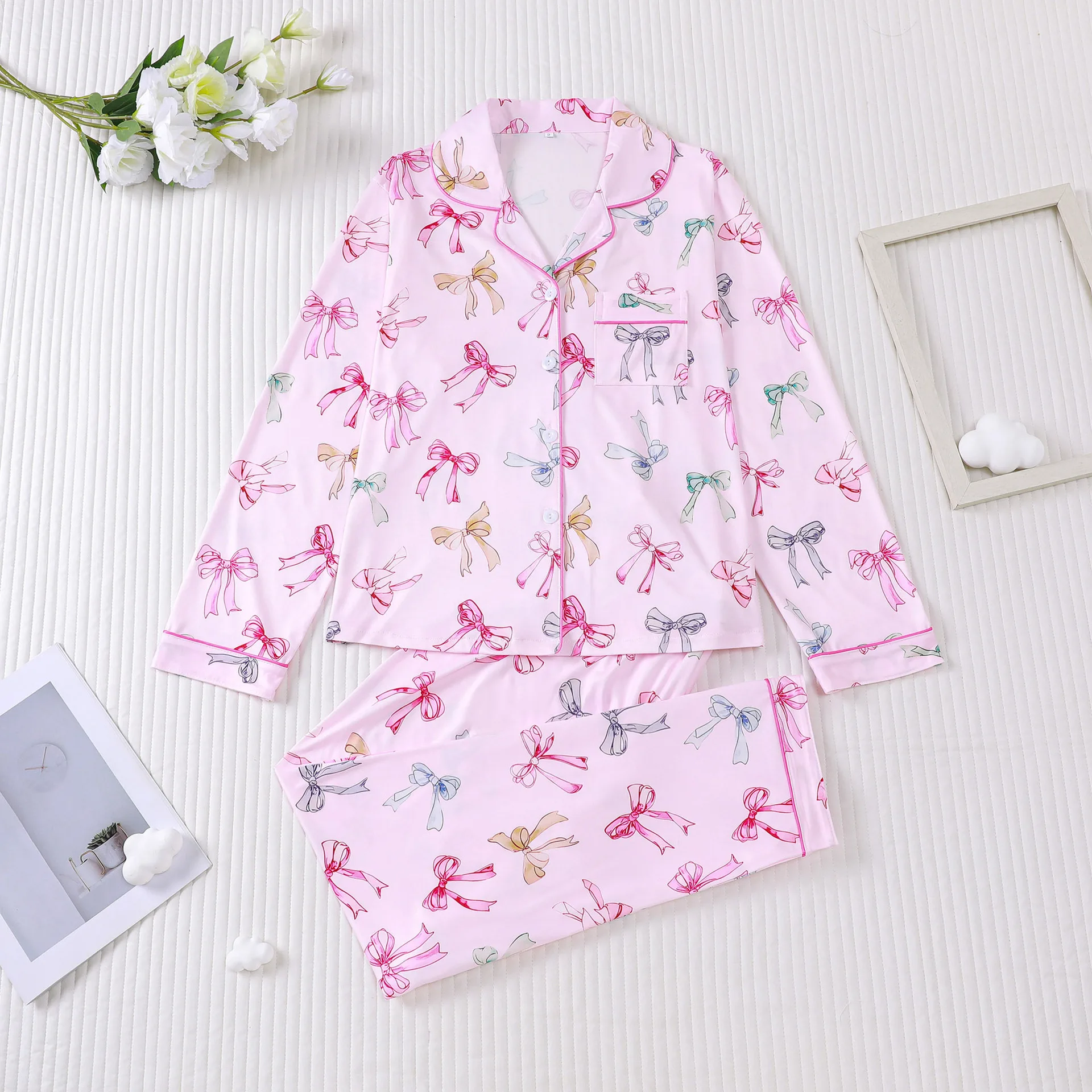 

Autumn Women's Pajamas Pink Bow Print Lapel Long-sleeved Trousers 2-piece Set European American Comfortable Loungewear Set
