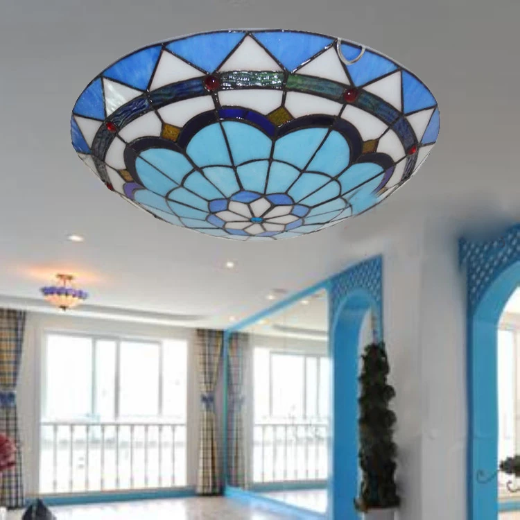 Mediterranean Baroque Blue Stained Glass Round LED E27 Ceiling Light Fixture for Bedroom Aisle