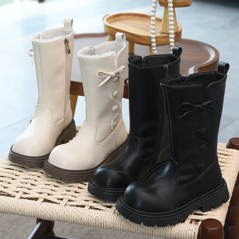 

Real leather girls' long boots, 2025 autumn and winter new high boots, children's shoes with plush cotton boots, little girls' l