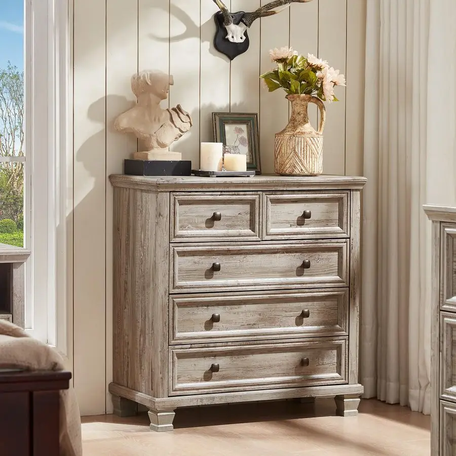 寝室用5段引き出し付きドレッサー、高さ33インチのヴィンテージ木製チェスト、素朴な小さなドレッサー、正方形の木製脚付き、ミッドセンチュリー