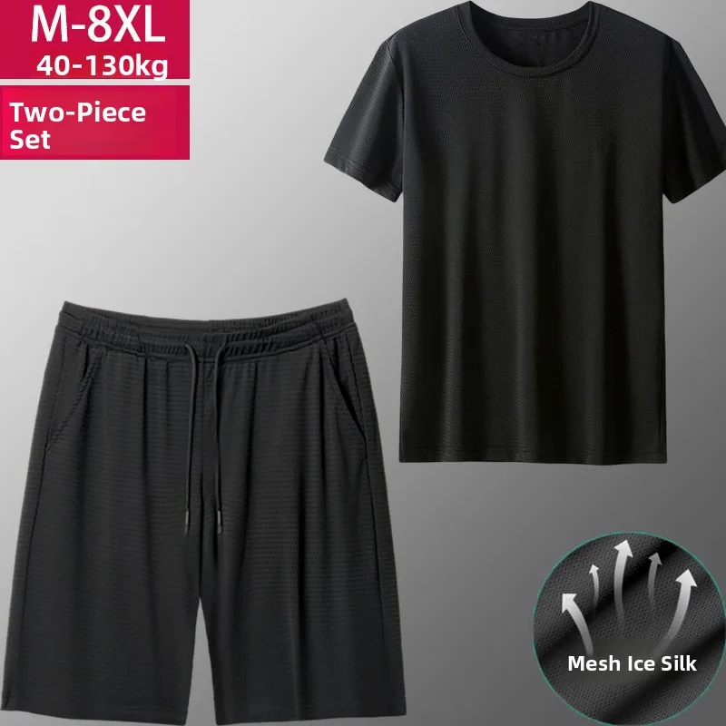 

Summer Ice Silk Sports Set Men's Qui Dry Running Fitn Large Size Me orts Svel Thin T-irt And orts