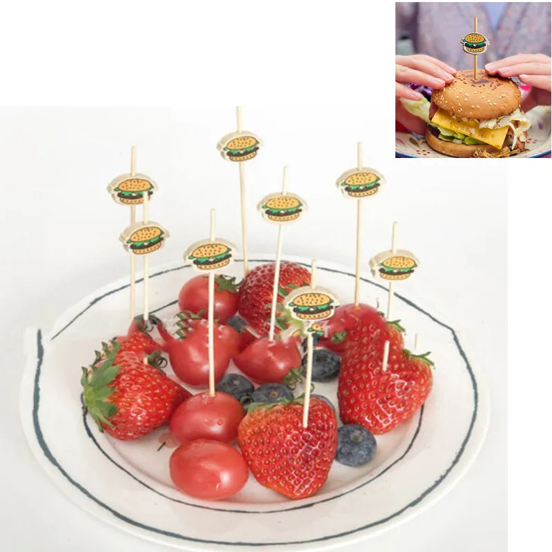 100pcs/lot Fruit Stick Snack Skewers Party Buffet Bamboo Food Picks Hamburger Garnish Bamboo Sticks Party Sandwich Decor