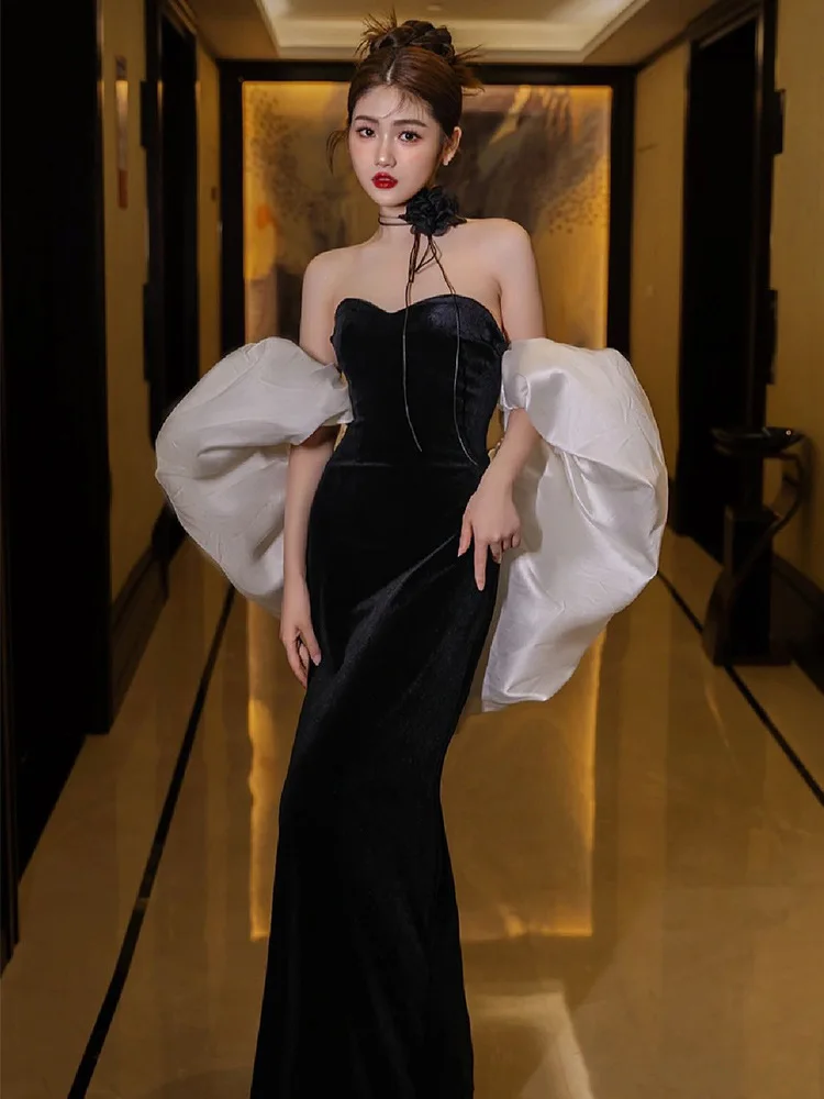 gown French Style Black Velvet Evening Fishtail Dress Light Luxury Minority Dignified and Elegant Party Daily Adult Ceremony En