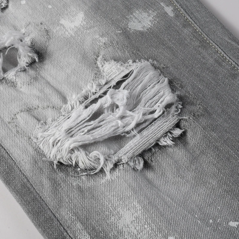 

High Street Fashion Men's Light Grey Jeans Wrinkle Elastic Slimming Water Washed Perforation Patch Light Grey Hip Hop Brand Pant