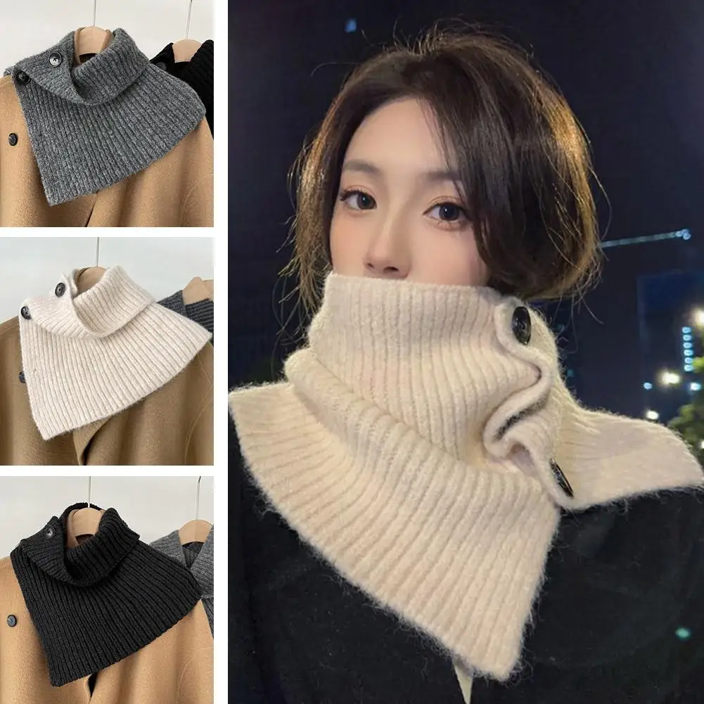 Winter Thicken Neck Warmer Cashmere Knitted Scarves Soft Pashmina Shawls Wraps Detachable Collar Female Retro Button Scarf