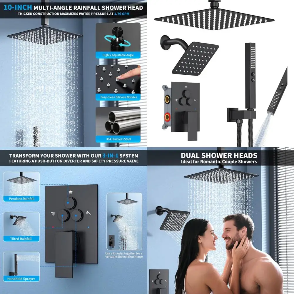 

Push Button Diverter Dual Shower System with Rainfall Ceiling Mount and 6 Wall Mount, Matte Black