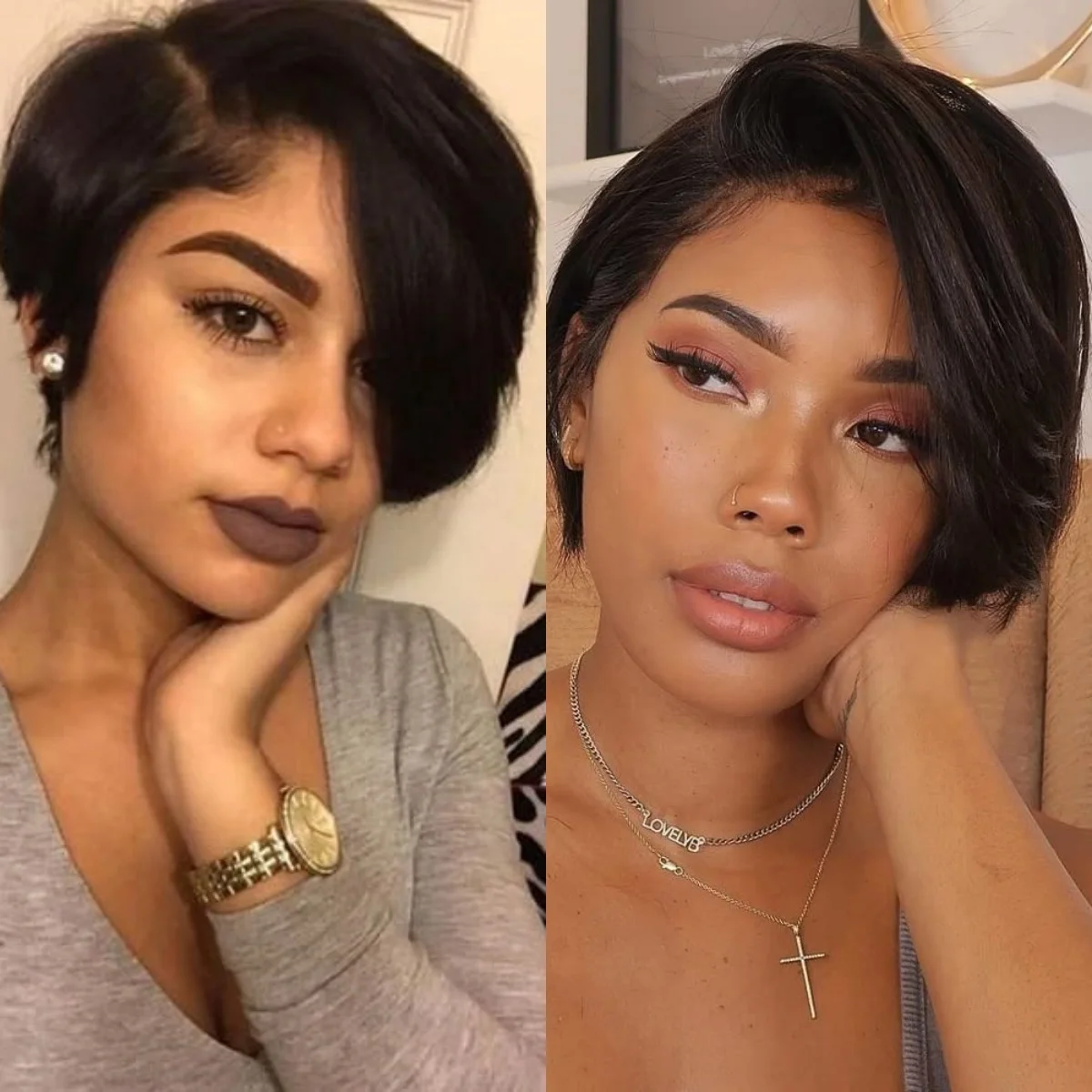 Pelucas de cabello humano con corte Pixie, parte en T, 13x1, pelucas negras naturales frontales de encaje, pelucas Bob cortas y rectas para mujeres negras