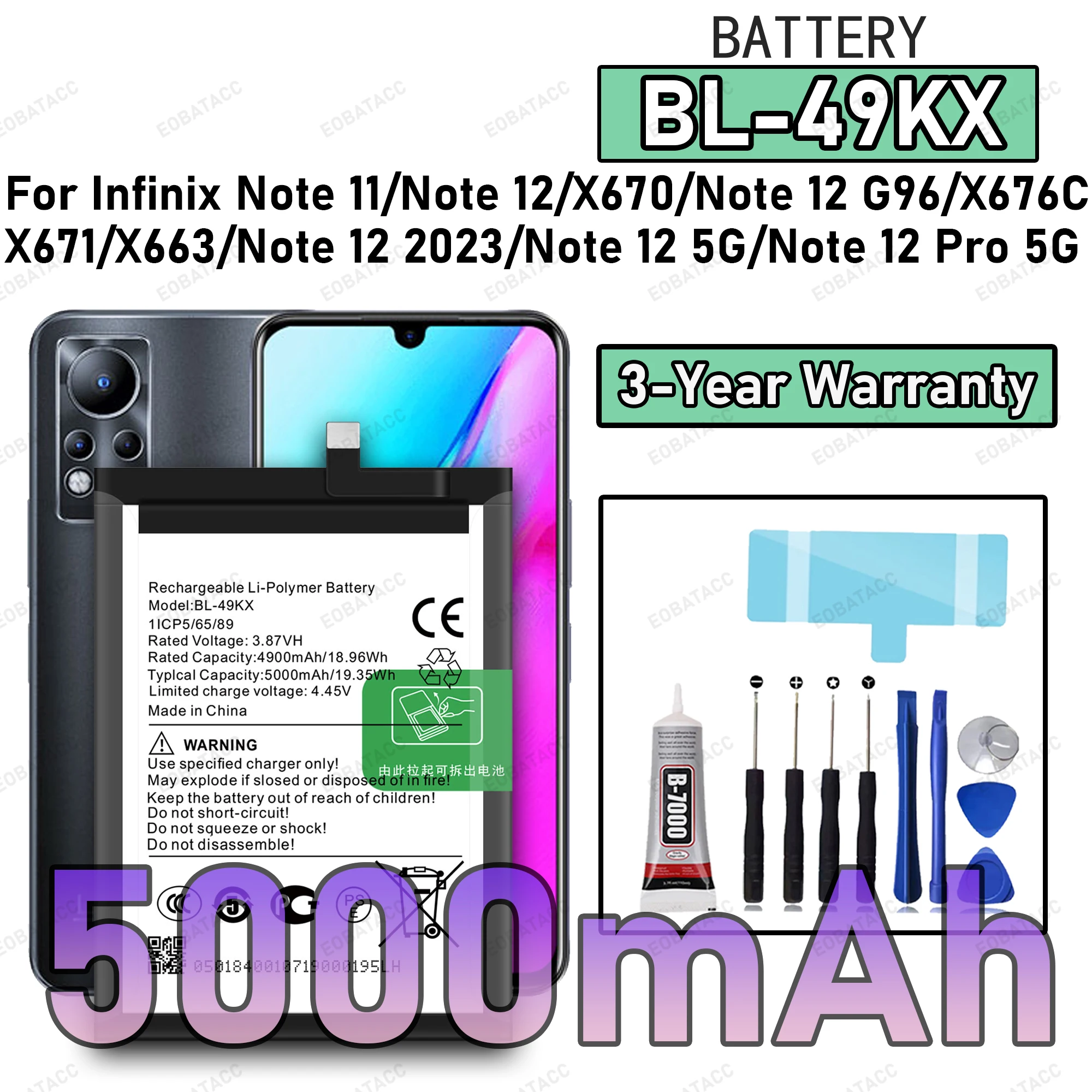 

100% New Zero Cycle BL-49KX Battery For Infinix Note 11/Note 12/Note 12 5G/Note 12 Pro 5G/Note 12 2023 Bateria +Free Tools