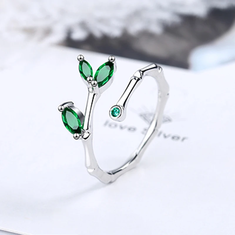 Fashion Female Wedding 925 Sterling Silver Jewelry Bamboo Leaf Micro Pave Green Zircon Adjustable Rings for Women Anillos Mujer