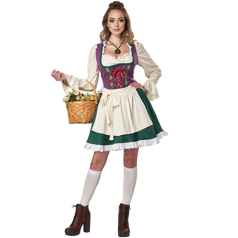 Costume da donna tedesco Oktoberfest a maniche lunghe Dirndl Dress bavarese Beer Wench Maid Cosplay Halloween Fancy Party Costume