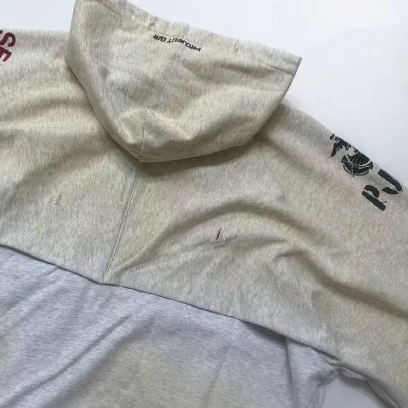 Grailz Project G/R Vintage Distressed Fade-Washed Vintage-Look Zipper Hoodie Übergroßes High-Street Deconstructed Sweatshirt