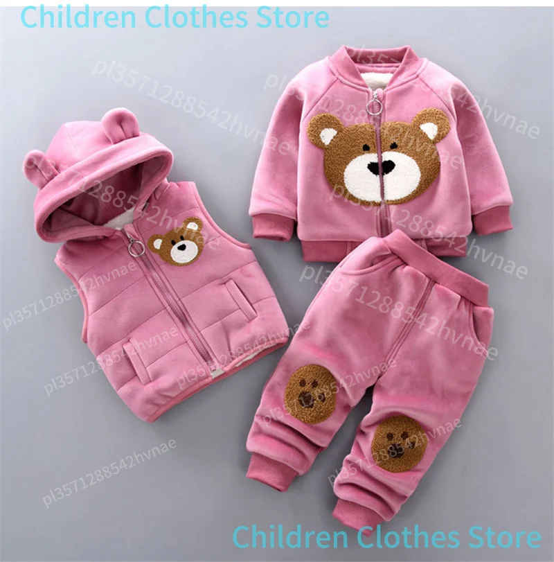 Nuevos conjuntos de ropa de invierno para bebés, suéter grueso y cálido de algodón con capucha para niños y niñas, traje de tres piezas con oso bonito de dibujos animados para niños de 0 a 4 años