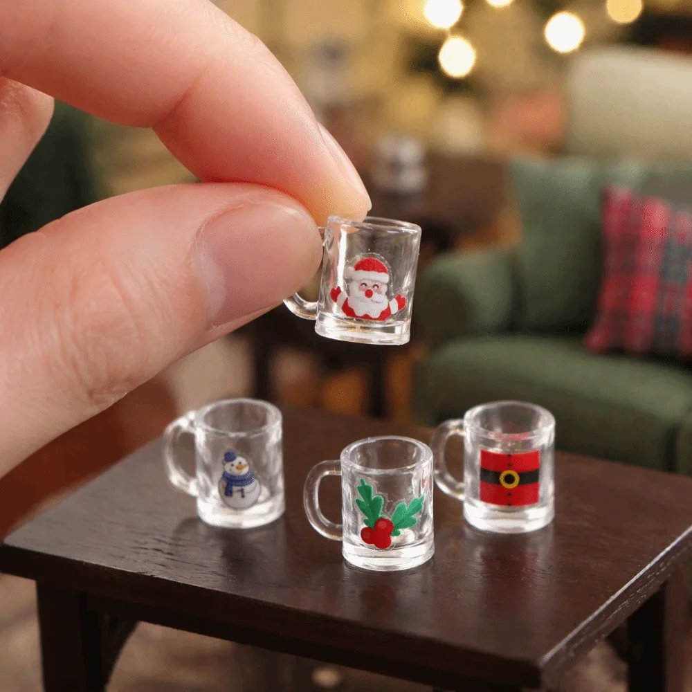 4pcs Simulation 1:12 Dollhouse Furniture Water Cup Juice Glass Christmas Style Dollhouse Wine Glass Transparent Miniature