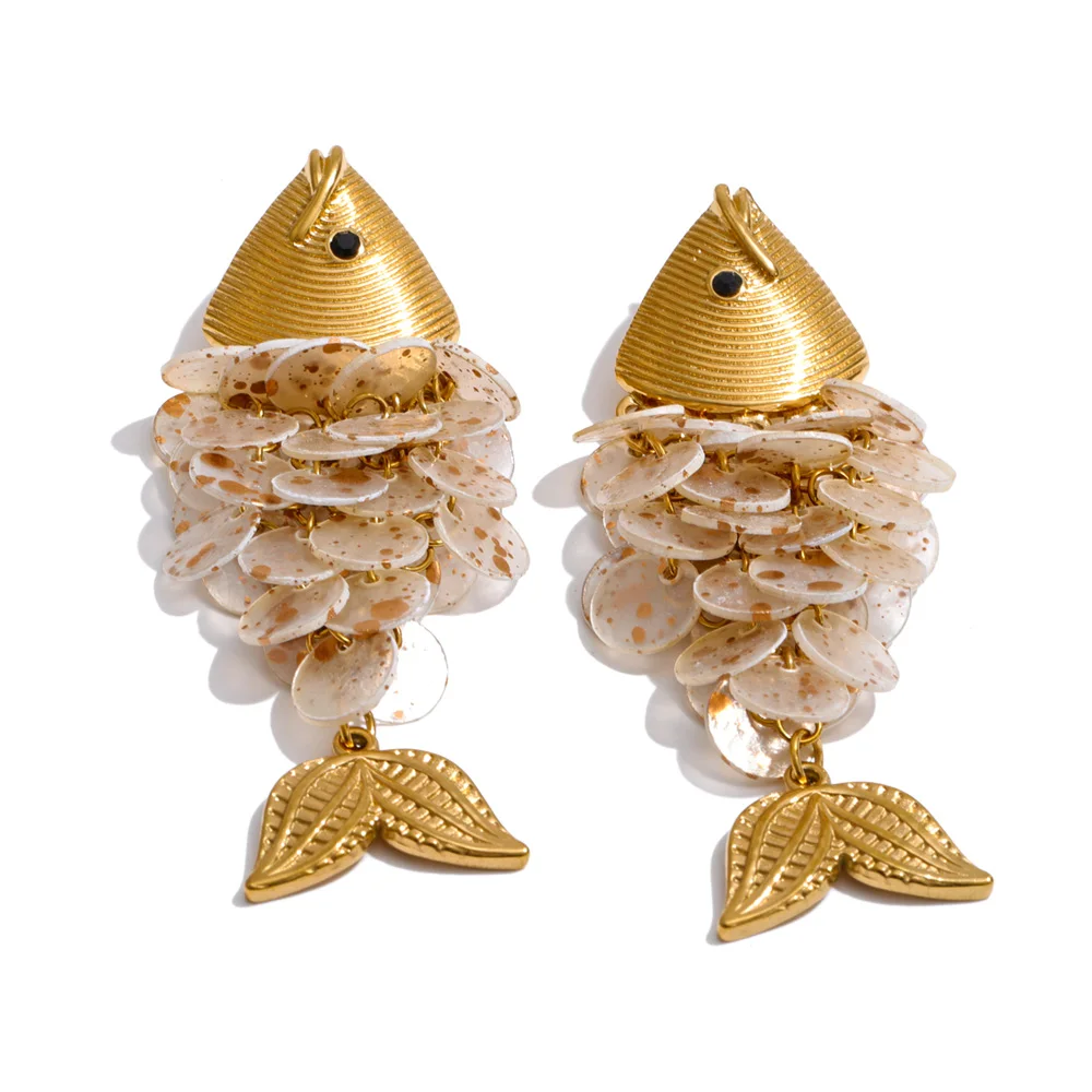 Yhpup Ocean Style Colorful Shell Fish Drop Necklace Earrings Set Stainless Steel Exclusive Handmade Gold Color Jewelry image 3