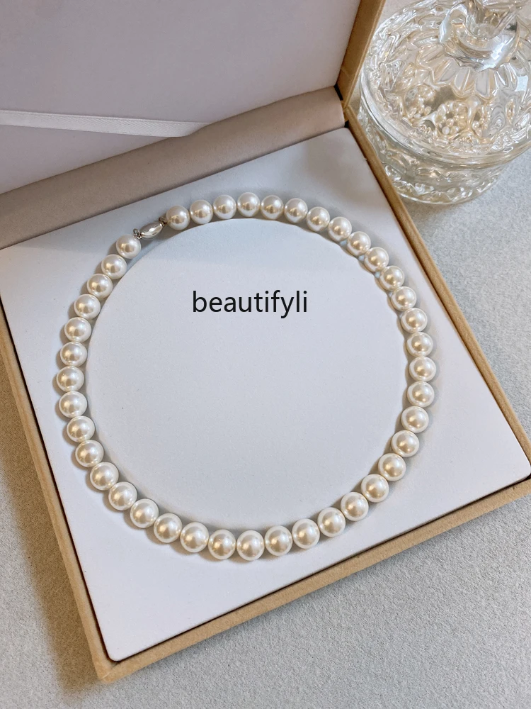 

925 Silver White Pearl Necklace Female Strong Light Luxury Hong Kong Style Clavicle Chain Gift