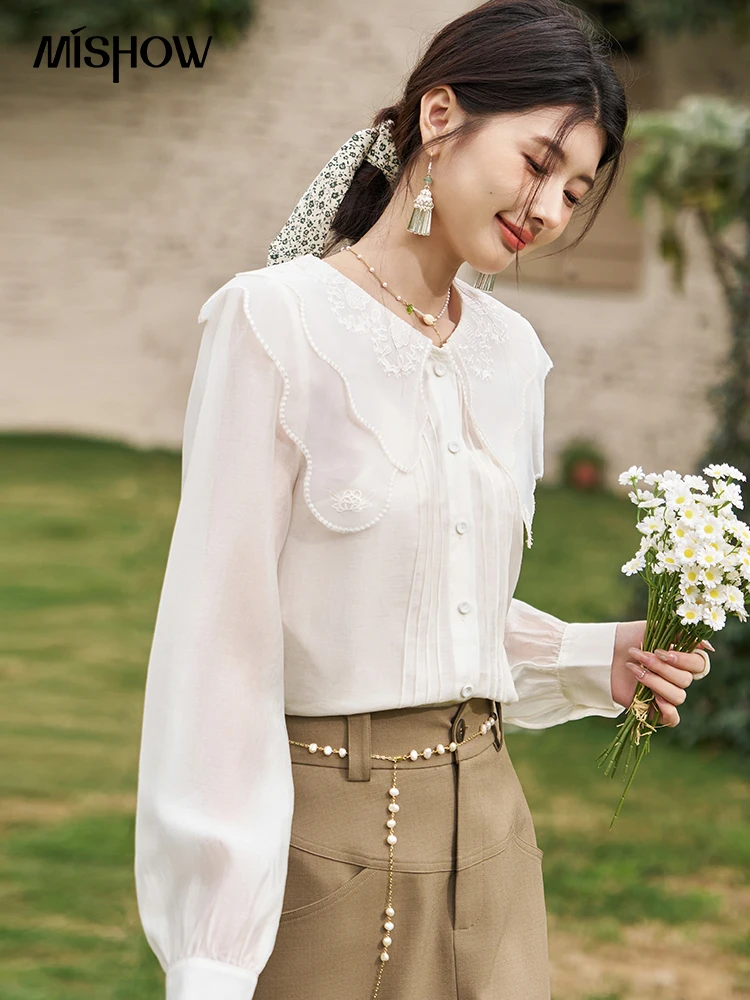 MISHOW Jacquard Embroidered Shirt Spring 2024 Lace Ruffle Double-layer Collar Shirt with Suspender Bottom Top 2pc Set MXC58C0149