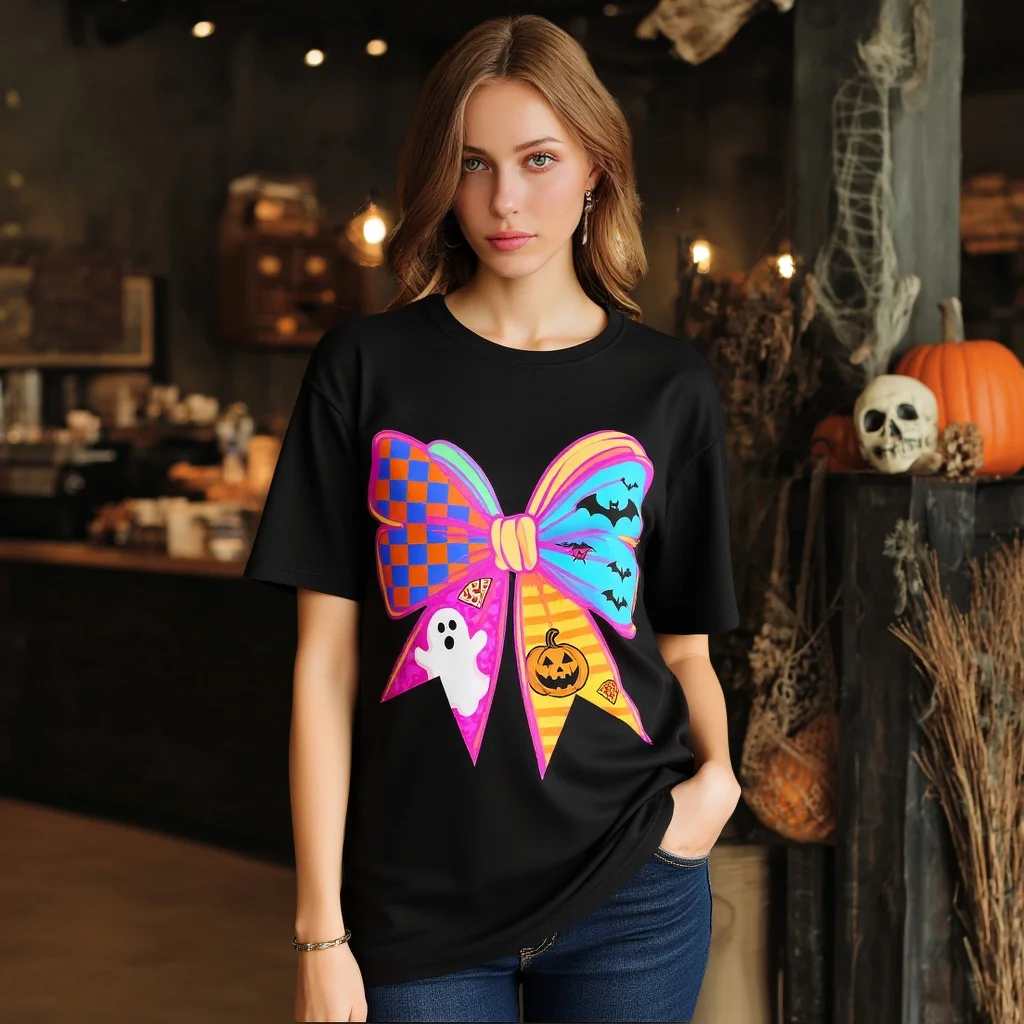 

Zaelia Halloween Themed T-Shirt Colorful Bow Ghost Pumpkin Print Casual Wear for Party Festival Celebrations Women's Fashion Top