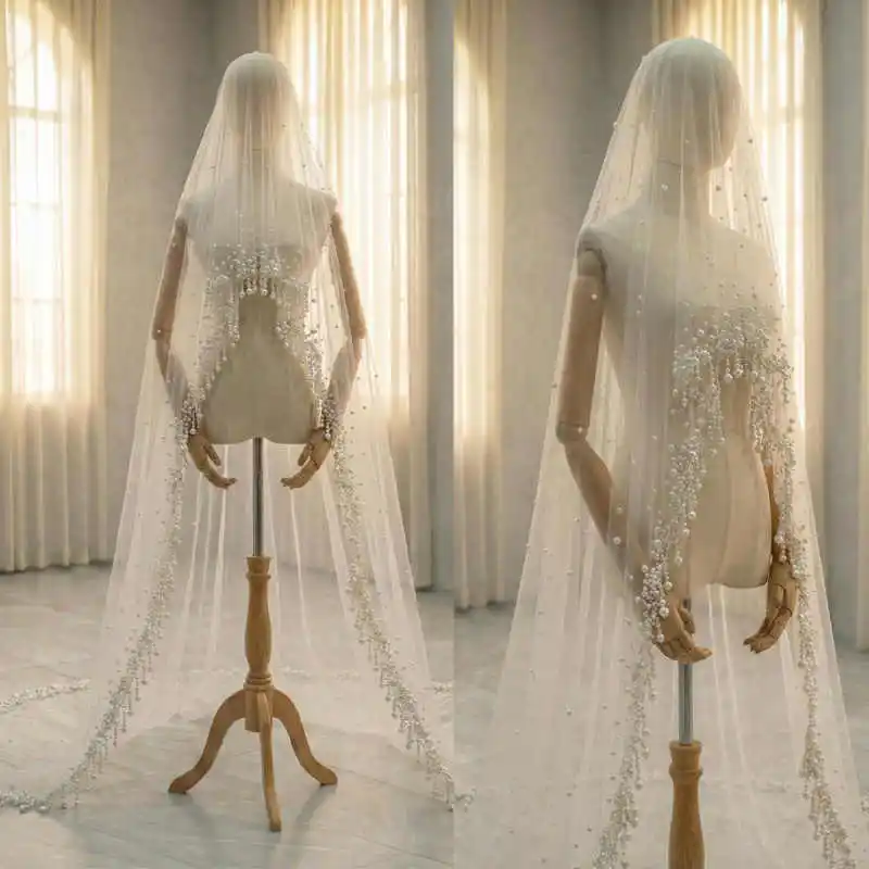 Graceful One Layer Wedding Veils Long Cathedral Length Soft Tulle Bridal Veils Pearls Customized Velos de Novia