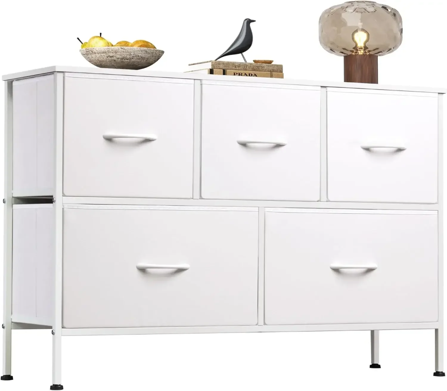 Dresser with 5 Drawers, Dressers for Bedroom, Fabric Storage Tower, Hallway, Entryway, Closets, Sturdy Steel Frame (White)