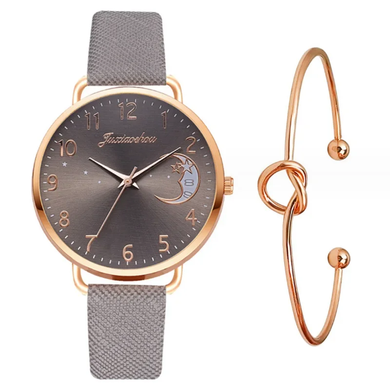 New Trendy Hot Goods Star Moon Pattern Women\'s Watch Minimalist Belt Student Bracelet Set Watch