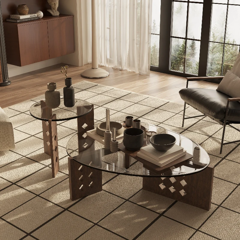 

Medieval wabi-sabi wind tempered glass solid wood coffee table living room household small apartment light luxury high