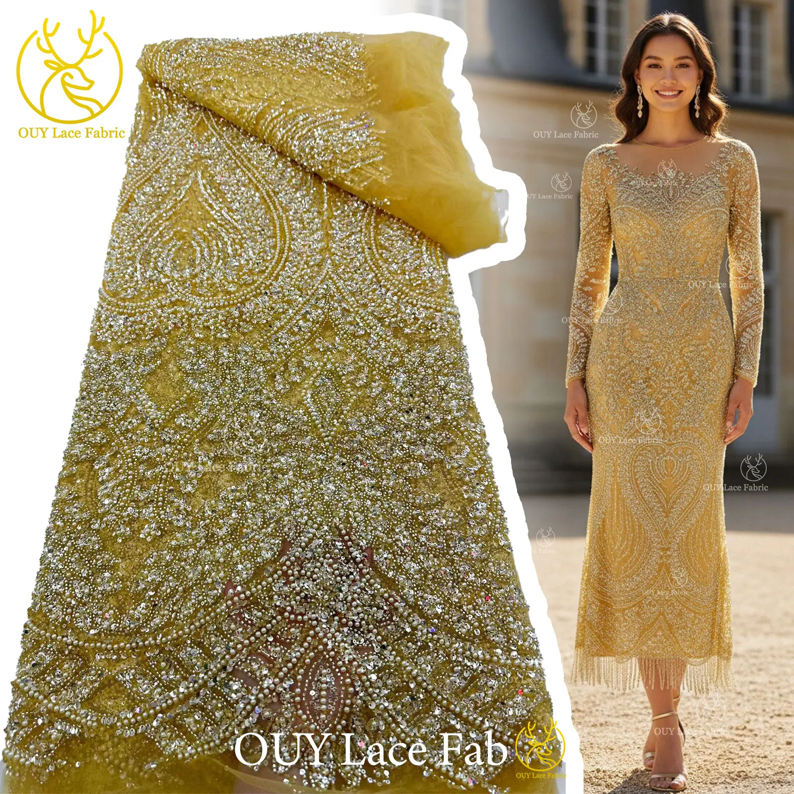 Afrikanischer Brautkleid-Spitzenstoff 2026, französische Pailletten-Spitze, 5 Yards, nigerianische Stickerei, Hochzeits-Mesh-Spitze für Partykleider und Näharbeiten – Detail 5