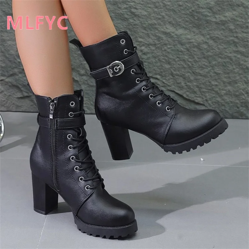 

Black Boots Women's High Heel New Autumn and Winter Versatile Waterproof Platform Lace Up Thick Heel Round Toe Short Boots