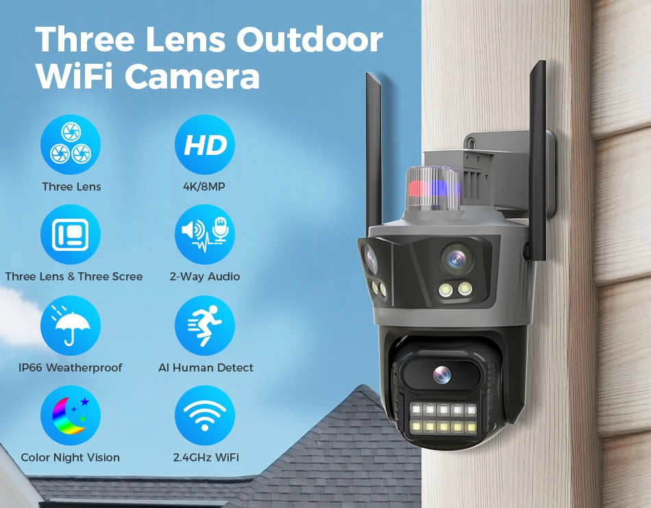 Hiseeu Three Lens PTZ IP Camera Outdoor 8MP HD Three Screen WiFi Security Auto Tracking Dual Len Wireless CCTV Camera ICsee