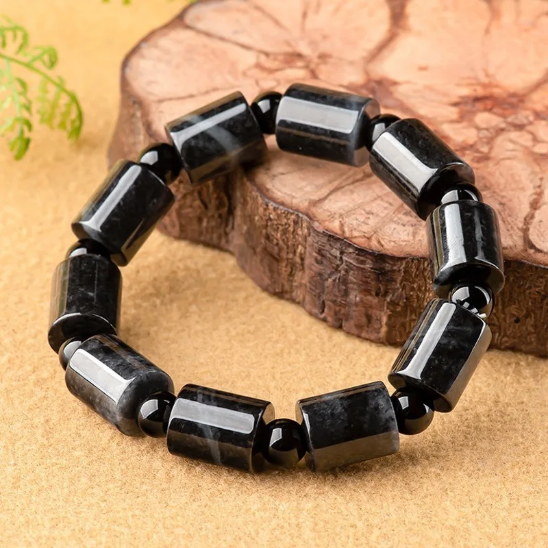 

Natural Grade A Jade Jadeite Men Women Lucky Black Glossy Column Round Bead Bracelet