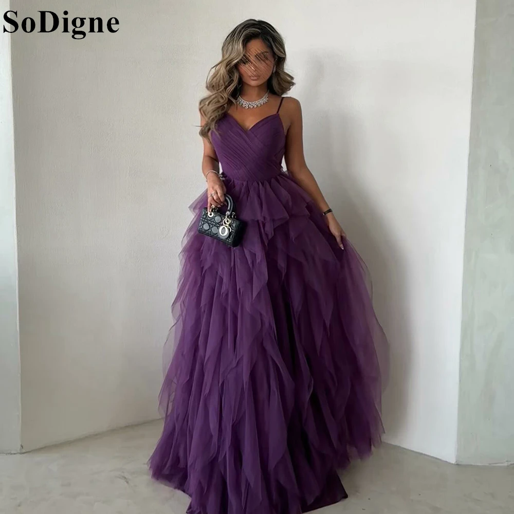 

SoDigne Purple Tulle Evening Dresses Spaghetti Straps A-Line Tiered Sweetheart Backless Ruched 2024 Elegant Prom Gowns for Women