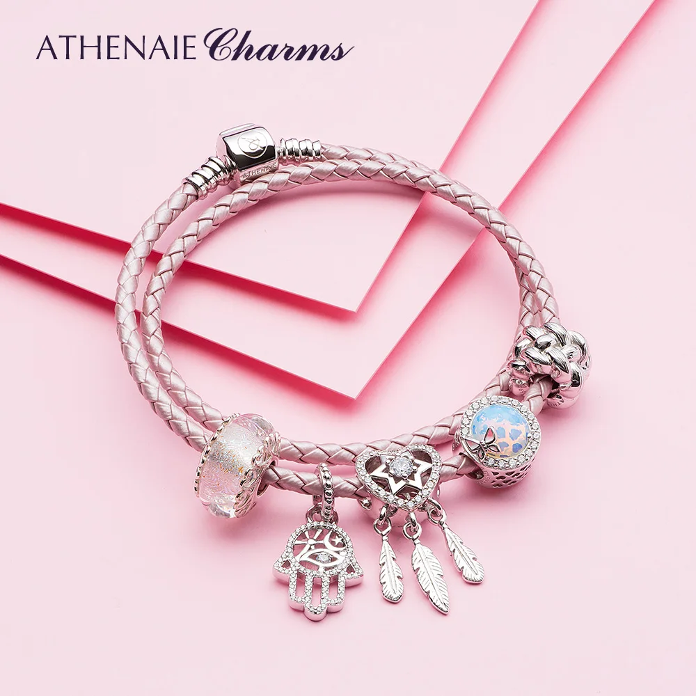 ATHENAIE وردي فاتح مزدوج مضفر الجلود Charms سوار مع 925 مشبك فضي الاسترليني صالح ساحرة الخرزة لفتاة النساء #3