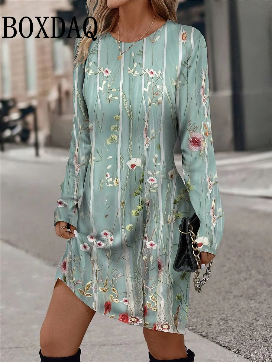 Vestido de manga comprida estampado floral feminino, roupa estilo vintage feminino, casual com decote em O, solto, feminino, outono, inverno, 2024